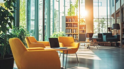 Fototapeta premium Bright, modern lounge area with vibrant yellow chairs, natural l