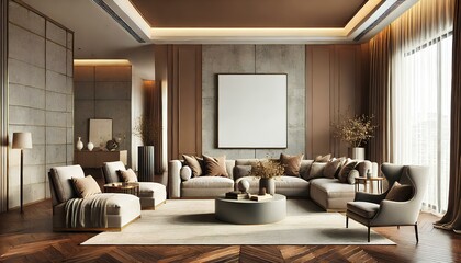 Fototapeta premium Sophisticated Elegance: A Warm-Toned Luxury Living Room for Versatile Use