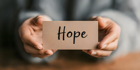 Hands gently hold a card with the word 'Hope' written on it. A message of optimism and encouragement.