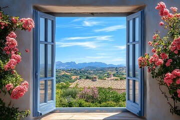 Open Window Reveals Scenic View And Blossoming Roses