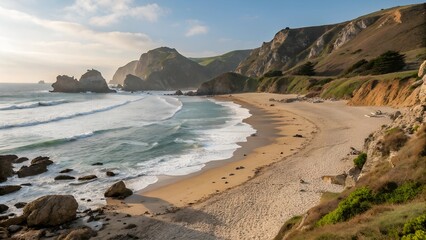 A breathtaking aerial view showcases a crescent-shaped beach nestled between rugged cliffs and the...