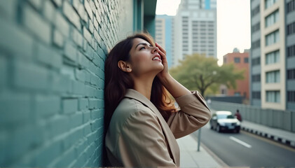 Fototapeta premium A young Indian employee who is stressed out and overworked is slamming her head against the wall due to burnout, experiencing troubles, problems at work, and insolvency. Side view with a background of