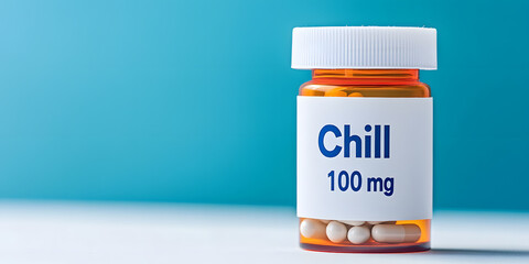 Amber pill bottle labeled 'Chill 100mg' with white pills inside, against a blue background.