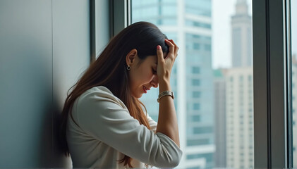 Fototapeta premium A young Indian employee who is stressed out and overworked is slamming her head against the wall due to burnout, experiencing troubles, problems at work, and insolvency. Side view with a background of