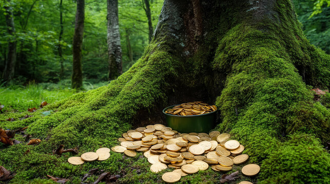 Mystical irish forest with leprechaun gold coins hidden in mossy tree trunk