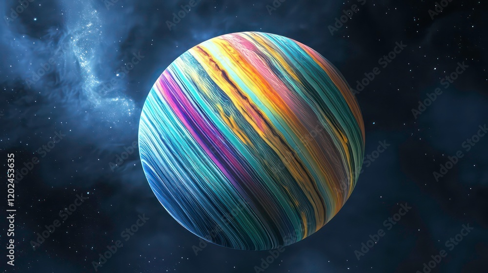 Poster colorful abstract planet floating in deep space representing a new world
