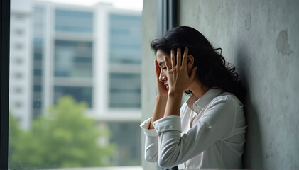 Fototapeta premium A young Indian employee who is stressed out and overworked is slamming her head against the wall due to burnout, experiencing troubles, problems at work, and insolvency. Side view with a background of