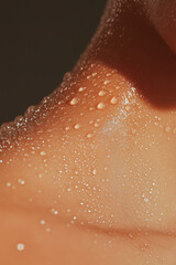 Fototapeta premium Close up detail beauty female woman shoulder and neck part portrait hydrating care face with moisturizing skin serum cosmetic product.