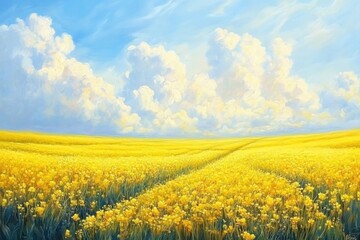Obraz premium Vibrant yellow fields stretch under bright blue sky, dotted with