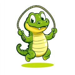 Naklejka premium Happy crocodile jumping rope, playful cartoon illustration, for children's books