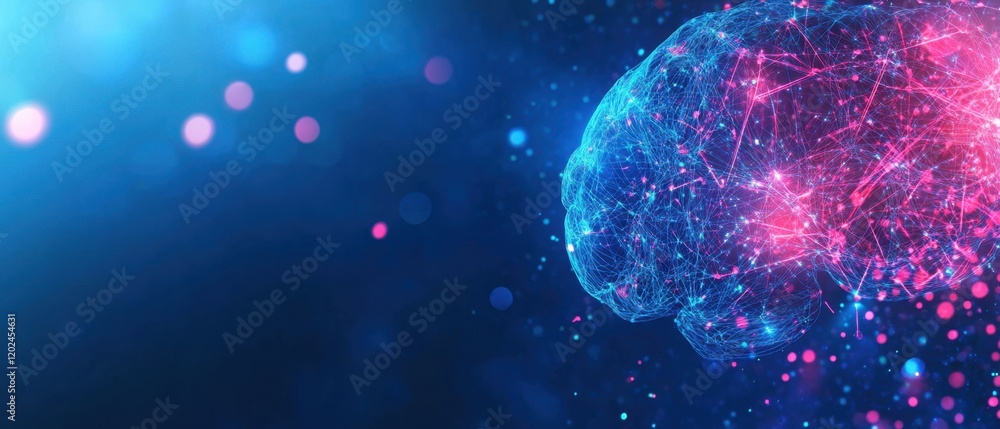 Poster abstract brain with glowing connections on a blue background, a presentation design concept of artif
