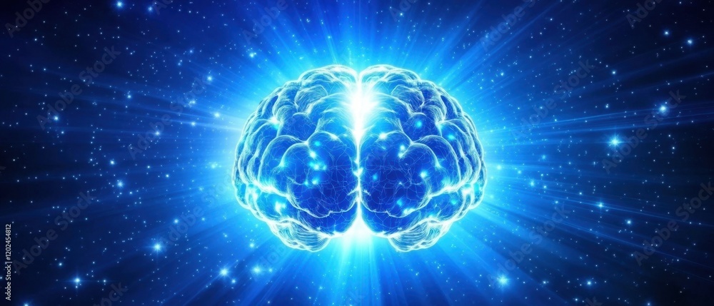 Poster abstract brain with glowing connections on a blue background, presentation design generative ai