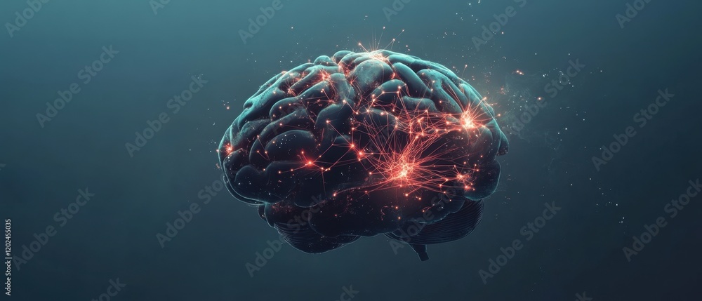 Poster abstract background with a brain made of glowing connections on a blue background, a concept for art
