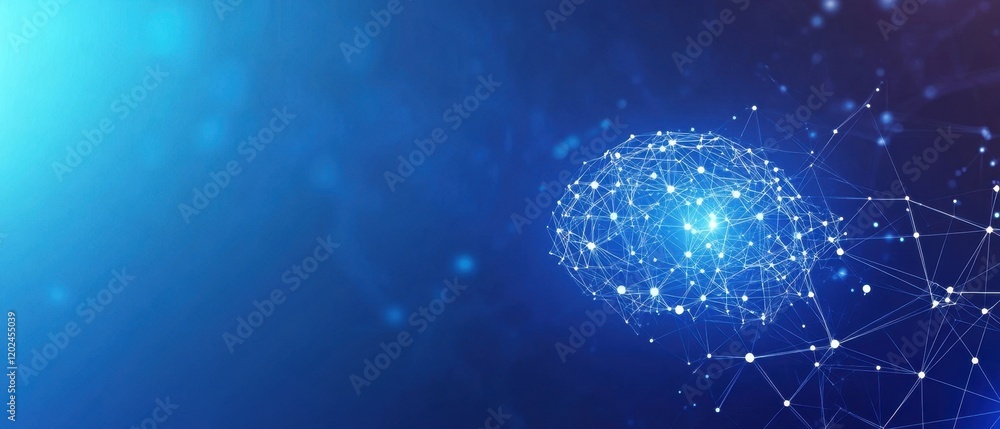 Poster artificial intelligence brain vector background, blue gradient background with white polygonal lines