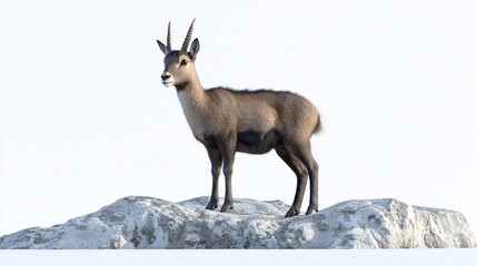 Serow standing on rocks against white background.