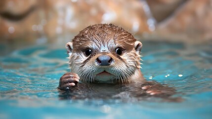 Fototapeta premium Cute otter pup swimming, aquarium background
