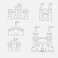 Set of 3 5 towers. The towers of the castle are drawn with a black outline. Elements for creating a family coat of arms, such as heraldry. Elements for creating a coloring page. Contour.