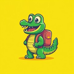 Fototapeta premium Happy crocodile backpack kid school yellow background illustration