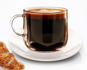 Cup of coffee with croissant on a white background.