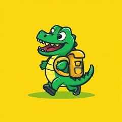Fototapeta premium Happy crocodile backpacker hiking, yellow background, adventure