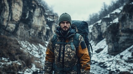 A young Caucasian man with a beard, wearing a camouflage jacket and a beanie, confidently stands amidst a snowy, rocky landscape.  He carries a large backpack, ready for adventure.