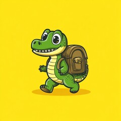 Fototapeta premium Cute crocodile backpacker walking, yellow background, adventure illustration, kids book