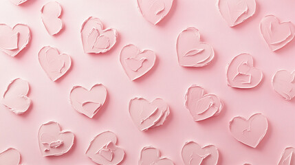 A pastel pink background filled with textured hearts made of thick, creamy brushstrokes. The hearts are irregularly shaped, giving a handmade artistic feel. Love or St. Valentine Day concept.