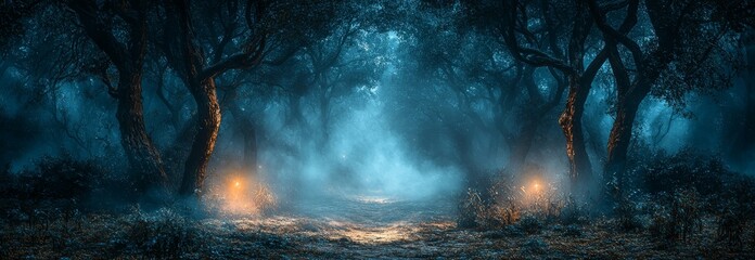 Fototapeta premium A surreal dark forest panorama, a fantasy landscape featuring an eerie portal in the forest at night