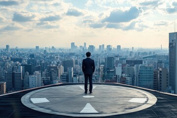 Fototapeta premium Man stands atop building, gazing over sprawling cityscape under