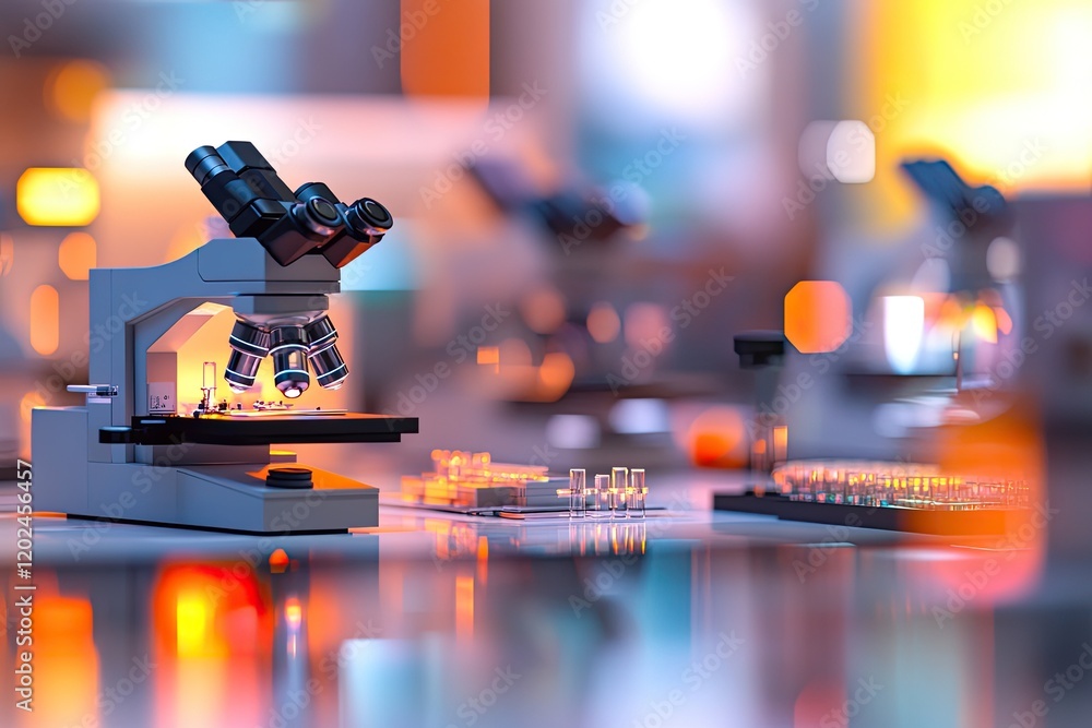 Poster advanced laboratory scene featuring illuminated microscope and c