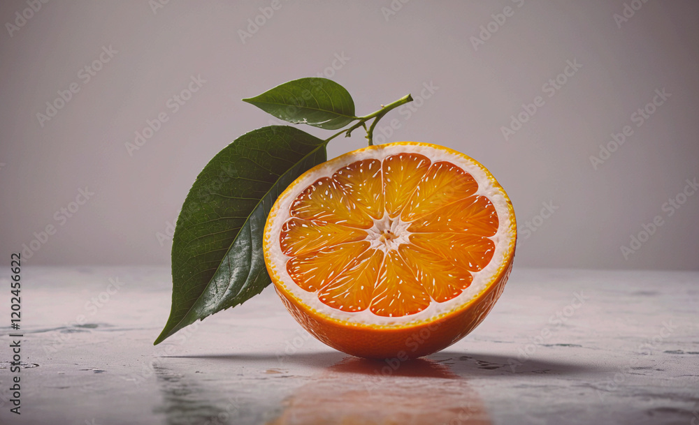 Poster a slice of orange with a leaf on top. the orange is cut in half and the leaf is on the right side