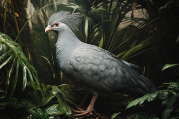 Majestic bird stands among lush greenery, showcasing vibrant plu