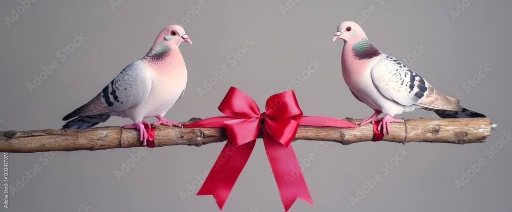 Poster two doves rest on a rustic branch tied with a vibrant red ribbon bow. this serene moment showcases t