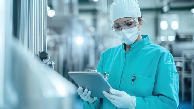 Instrumentation engineering. Lab technician reviewing data in a cleanroom environment.