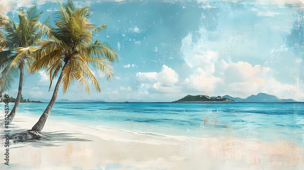 Poster A tranquil beach scene with palm trees swaying gently in the breeze, crystal-clear waters lapping at the shore, and a distant island on the horizon. Tranquil Beach Horizon. Illustration