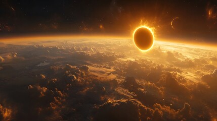 Obraz premium Stunning Solar Eclipse View from Space Over Earth's Cloudy Atmosphere with Golden Hues