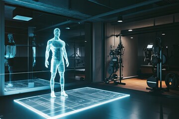 Holographic figure stands in futuristic gym, illuminated by neon