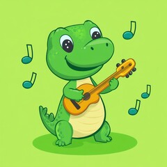 Naklejka premium Happy dinosaur playing guitar, green background, music notes, children's illustration, education