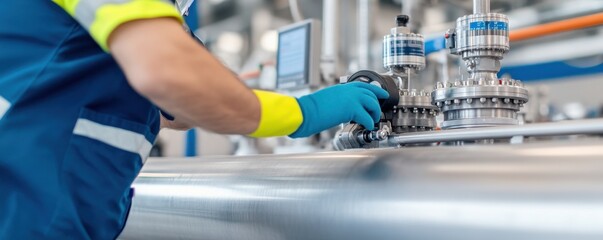 Instrumentation engineering. Worker adjusting machinery in a modern industrial facility.