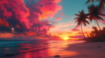 Obraz premium A vibrant sunset over a tropical beach with palm trees and colorful skies. Tranquil Beach Horizon. Illustration