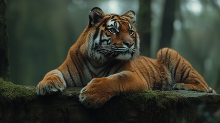 Obraz premium Majestic tiger resting on mossy rock, forest background, wildlife conservation