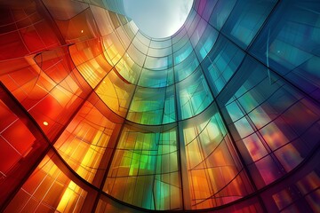 A multicolored building with a sky in the background