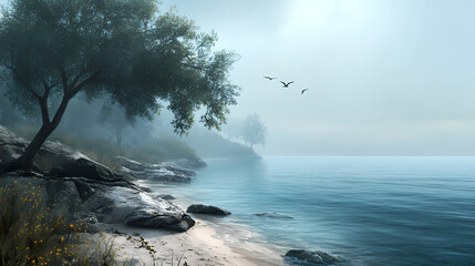 A water's edge view with foggy sky. Tranquil Beach Horizon. Illustration