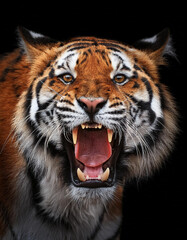 Fototapeta premium Retrato de un tigre de bengala feroz rugiendo sobre fondo negro