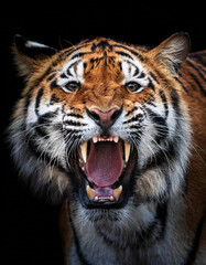 Fototapeta premium Retrato de un tigre de bengala feroz rugiendo sobre fondo negro
