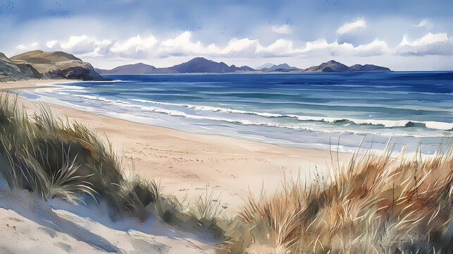 Calm beach watercolor painting capturing serene seaside waves. Tranquil Beach Horizon. Illustration