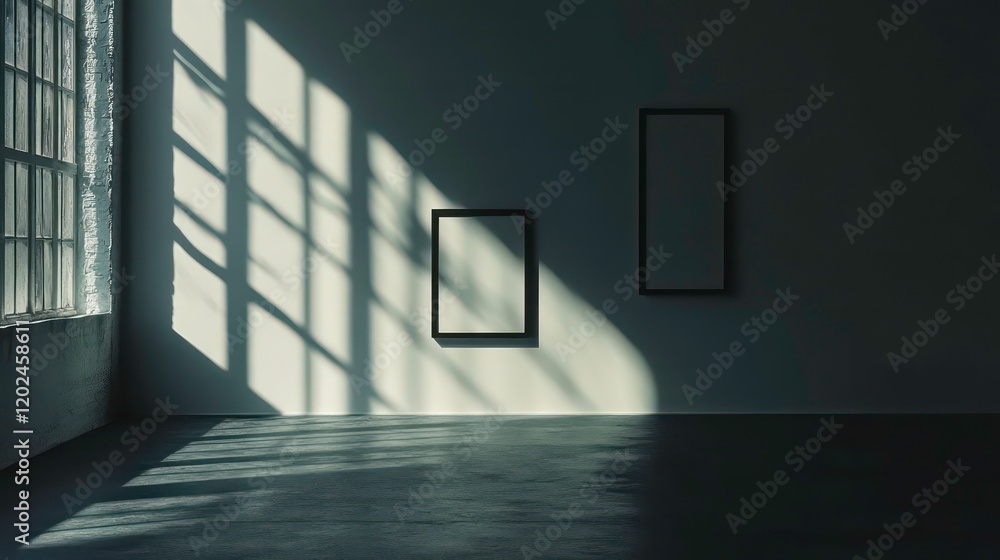 Poster sunlight streams through a large window into a minimalist room with two empty picture frames on a wa
