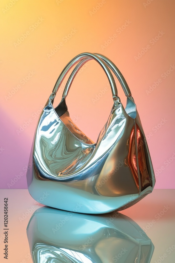 Poster shiny handbag showcases modern design with unique curves and ref