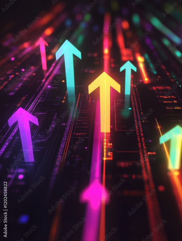 Fototapete Colorful digital arrows point upward through a vibrant abstract background reflecting technology and growth. Generative AI