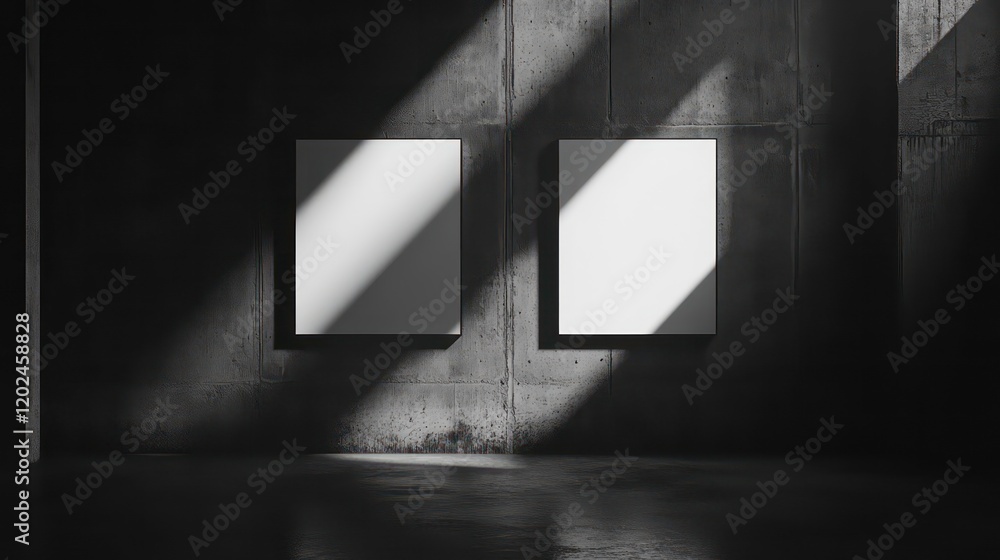 Poster creative mock concept. empty dark large empty wall room with natural shadow and two blank frames